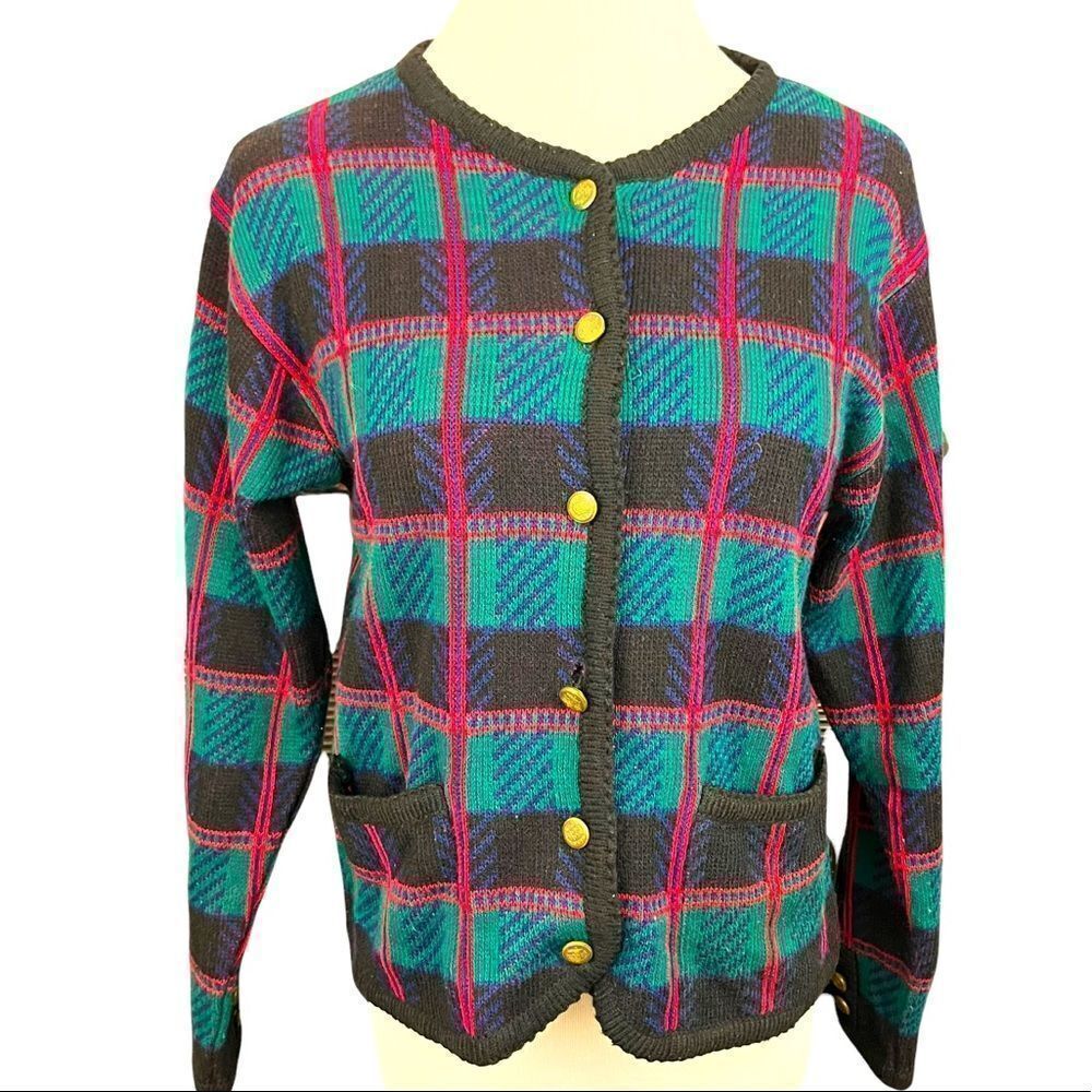 Vintage Tally Ho Scottish Style Plaid Fitted Cardigan M